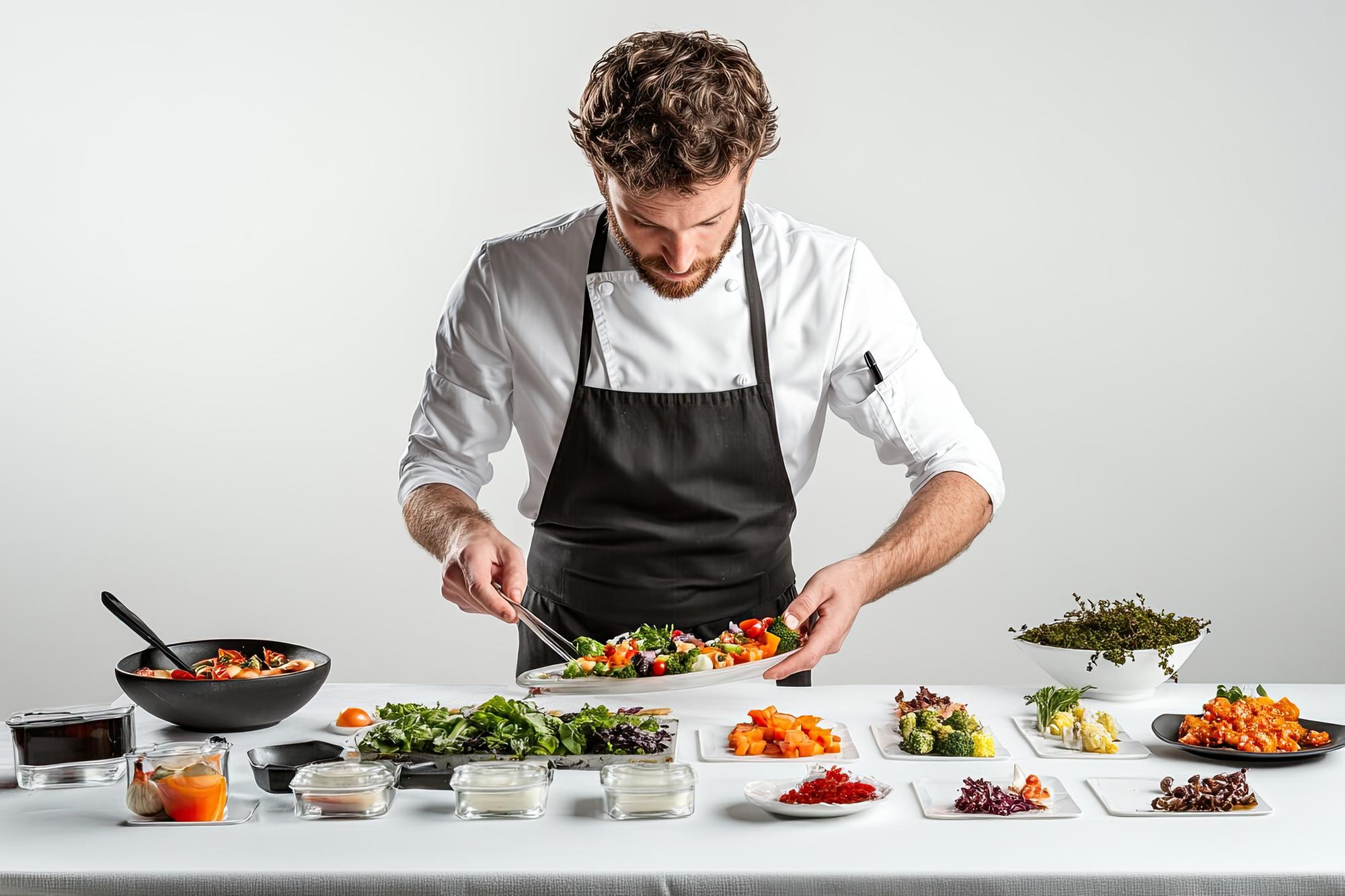 Open kitchen with chef preparing final garnish